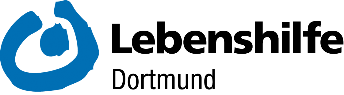 Logo der Lebenshilfe Dortmund: Links ein blaues, kreisförmiges Zeichen mit einem Punkt im Inneren, rechts daneben der Schriftzug „Lebenshilfe“ in schwarzer, fetter Schrift und darunter „Dortmund“ in kleinerer Schrift.